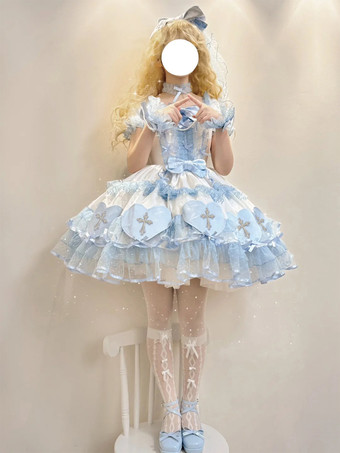 ハロウィン ゴシックロリータドレス リボン パール カラーブロック ピンク ライトスカイブルー