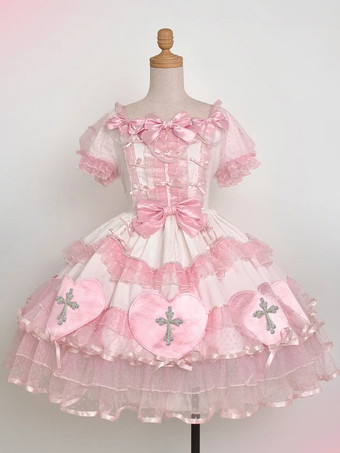 ハロウィン ゴシックロリータドレス リボン パール カラーブロック ピンク ライトスカイブルー