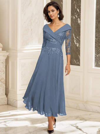 スレートグレー 花嫁の母のためのパーティードレス。Vネック、七分袖、ボールガウン、レース、ティーレングスのゲストドレス。結婚式用。