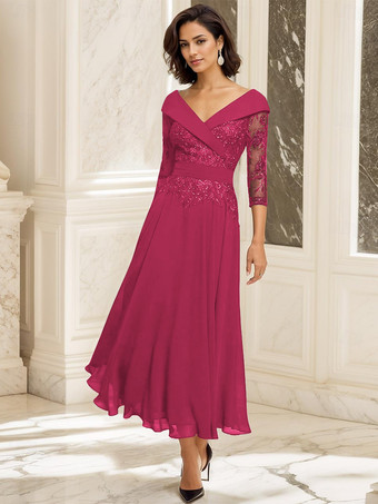 ローズレッド花嫁の母のためのパーティードレス。Vネック、七分袖、ボールガウン、レース、ティーレングスのゲストドレス。結婚式用。