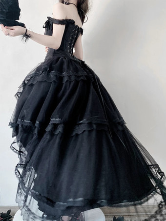 ゴシックロリータ 2ピース レースアップ ビスチェとレーストリム ハイロースカート