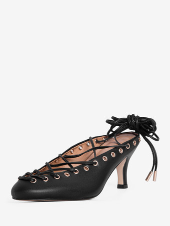 ブラック キトンヒールパンプス ラウンドトゥ レースアップ バックレスヒール レディース