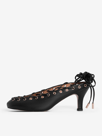 キトンヒールパンプス ラウンドトゥ レースアップ バックレスヒール レディース