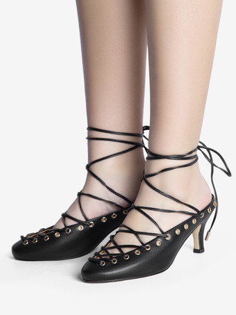 キトンヒールパンプス ラウンドトゥ レースアップ バックレスヒール レディース