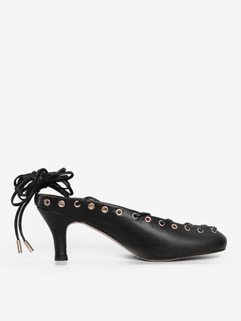 キトンヒールパンプス ラウンドトゥ レースアップ バックレスヒール レディース