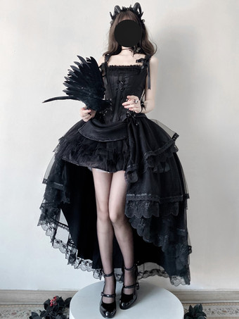 ゴシックロリータ 2ピース レースアップ ビスチェとレーストリム ハイロースカート