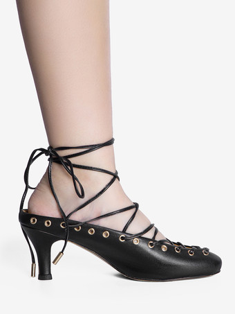 キトンヒールパンプス ラウンドトゥ レースアップ バックレスヒール レディース