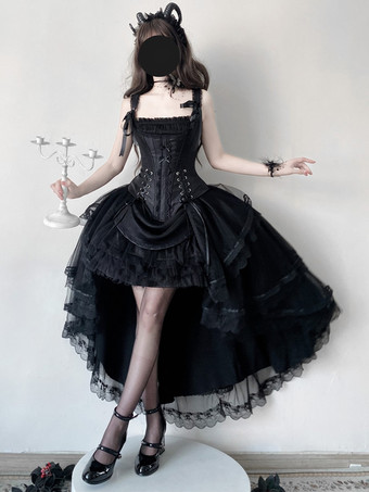 ゴシックロリータ 2ピース レースアップ ビスチェとレーストリム ハイロースカート