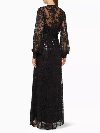 イブニングドレス Aライン Vネック スパンコール サッシュ 社交パーティードレス