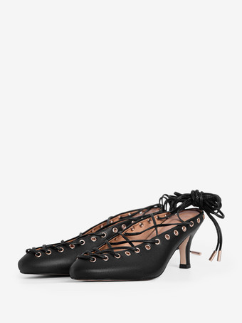 キトンヒールパンプス ラウンドトゥ レースアップ バックレスヒール レディース