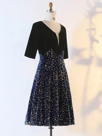 パーティードレス 花嫁の母用 Vネック 半袖 ショートスパンコール ゲストドレス 結婚式用