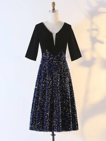 ブラックパーティードレス 花嫁の母用 Vネック 半袖 ショートスパンコール ゲストドレス 結婚式用