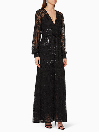 イブニングドレス Aライン Vネック スパンコール サッシュ 社交パーティードレス