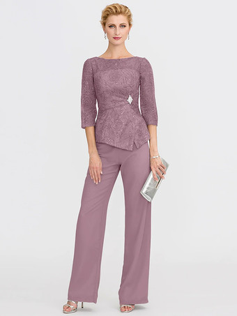 サーモンピンク花嫁の母のためのパーティードレス。イリュージョンネックライン、7分袖、ツーピース、レース、フロアレングス、結婚式用ゲストドレス。