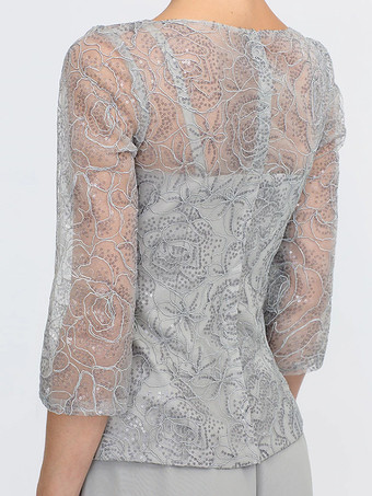 花嫁の母のためのパーティードレス。イリュージョンネックライン、7分袖、ツーピース、レース、フロアレングス、結婚式用ゲストドレス。