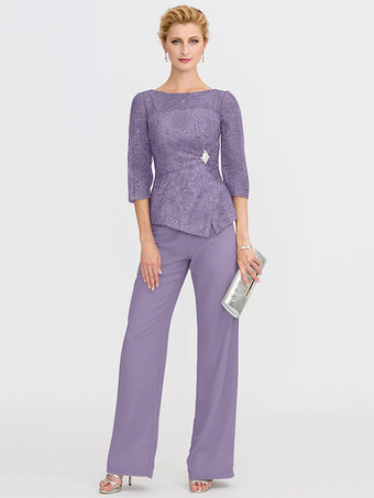 パープル 花嫁の母のためのパーティードレス。イリュージョンネックライン、7分袖、ツーピース、レース、フロアレングス、結婚式用ゲストドレス。