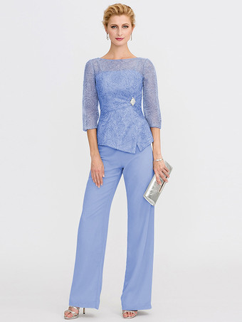 スカイブルー 花嫁の母のためのパーティードレス。イリュージョンネックライン、7分袖、ツーピース、レース、フロアレングス、結婚式用ゲストドレス。