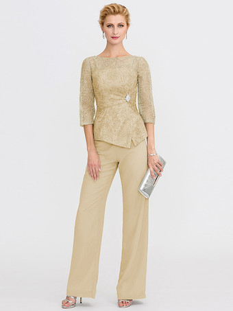 ベージュ 花嫁の母のためのパーティードレス。イリュージョンネックライン、7分袖、ツーピース、レース、フロアレングス、結婚式用ゲストドレス。