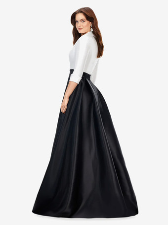 マザードレス Vネック 7分袖 Aライン サッシュ トレーン付き ウェディングゲストドレス