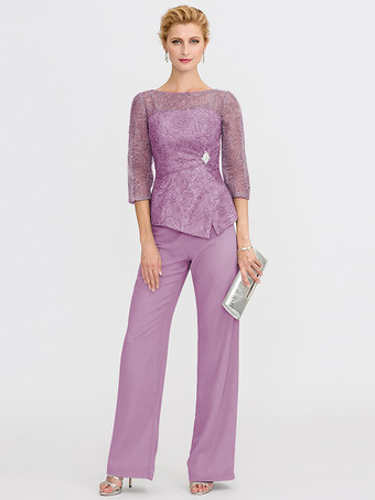 フクシャピンク花嫁の母のためのパーティードレス。イリュージョンネックライン、7分袖、ツーピース、レース、フロアレングス、結婚式用ゲストドレス。