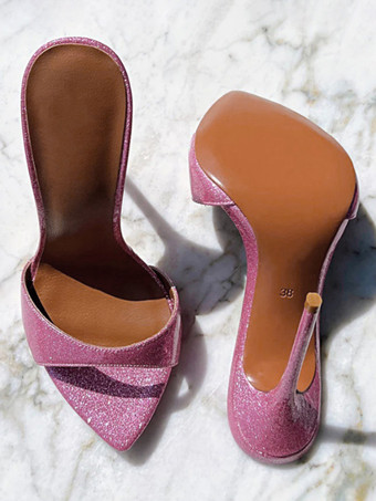 グリッターハイヒールミュールオープントゥスティレットヒールセクシーサンダルスライド