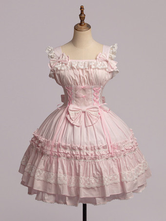 スウィート　ピンク　コットン　ロリィタジャンパースカート　レーストリム　レースアップ　フリル