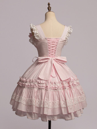 スウィート　ピンク　コットン　ロリィタジャンパースカート　レーストリム　レースアップ　フリル