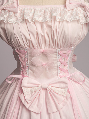 スウィート　ピンク　コットン　ロリィタジャンパースカート　レーストリム　レースアップ　フリル