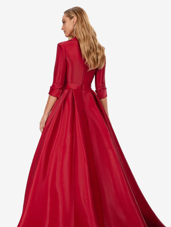 マザードレス Vネック 7分袖 Aライン サッシュ トレーン付き ウェディングゲストドレス