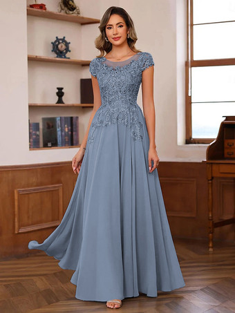 スレートグレー 花嫁の母のためのパーティードレス イリュージョンネックライン 半袖 ボールガウン レース ウェディングゲストドレス