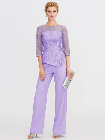 ライラック花嫁の母のためのパーティードレス。イリュージョンネックライン、7分袖、ツーピース、レース、フロアレングス、結婚式用ゲストドレス。