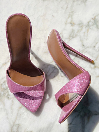 グリッターハイヒールミュールオープントゥスティレットヒールセクシーサンダルスライド