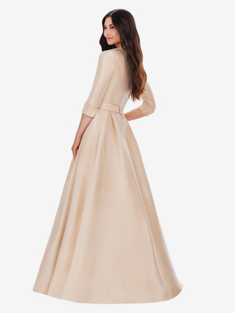 マザードレス Vネック 7分袖 Aライン サッシュ トレーン付き ウェディングゲストドレス