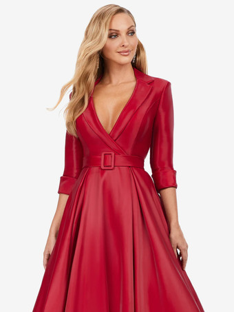 レッド マザードレス Vネック 7分袖 Aライン サッシュ トレーン付き ウェディングゲストドレス