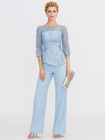 ベビーブルー花嫁の母のためのパーティードレス。イリュージョンネックライン、7分袖、ツーピース、レース、フロアレングス、結婚式用ゲストドレス。