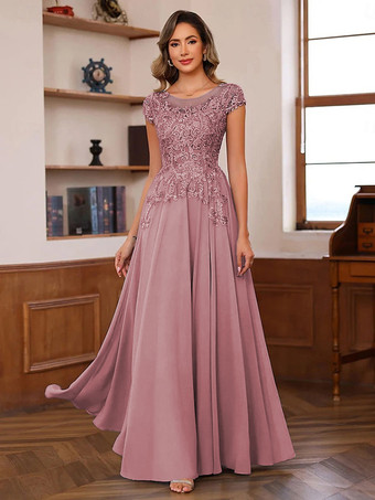 サーモンピンク花嫁の母のためのパーティードレス イリュージョンネックライン 半袖 ボールガウン レース ウェディングゲストドレス