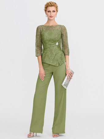 オリーブグリーン花嫁の母のためのパーティードレス。イリュージョンネックライン、7分袖、ツーピース、レース、フロアレングス、結婚式用ゲストドレス。