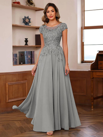グレイ花嫁の母のためのパーティードレス イリュージョンネックライン 半袖 ボールガウン レース ウェディングゲストドレス