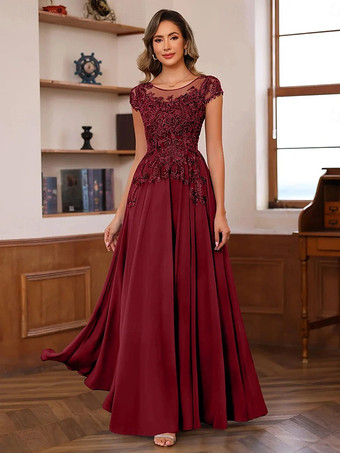 バーガンディー花嫁の母のためのパーティードレス イリュージョンネックライン 半袖 ボールガウン レース ウェディングゲストドレス