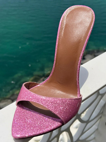 ローズレッドグリッターハイヒールミュールオープントゥスティレットヒールセクシーサンダルスライド