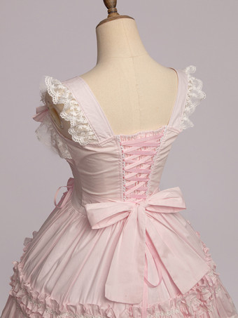 スウィート　ピンク　コットン　ロリィタジャンパースカート　レーストリム　レースアップ　フリル