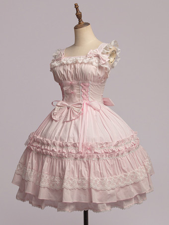 スウィート　ピンク　コットン　ロリィタジャンパースカート　レーストリム　レースアップ　フリル