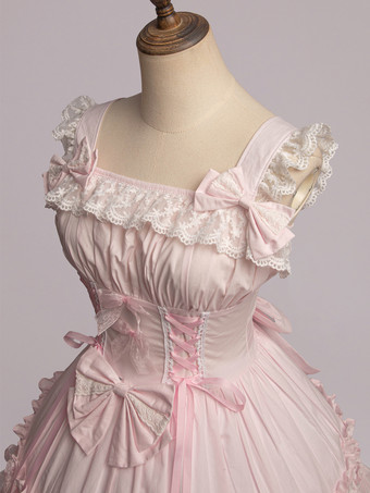 スウィート　ピンク　コットン　ロリィタジャンパースカート　レーストリム　レースアップ　フリル