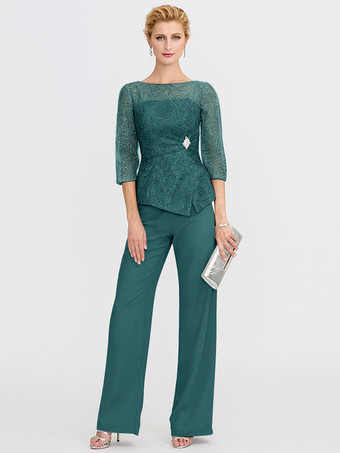 ブルーグリーン花嫁の母のためのパーティードレス。イリュージョンネックライン、7分袖、ツーピース、レース、フロアレングス、結婚式用ゲストドレス。