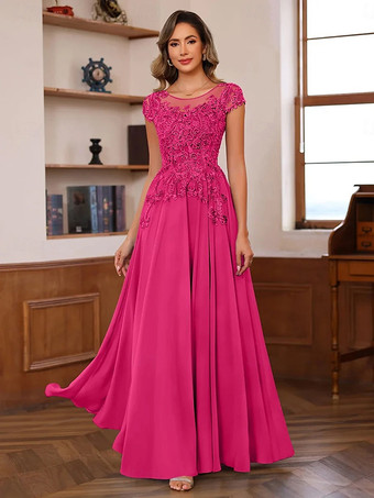 ローズレッド花嫁の母のためのパーティードレス イリュージョンネックライン 半袖 ボールガウン レース ウェディングゲストドレス