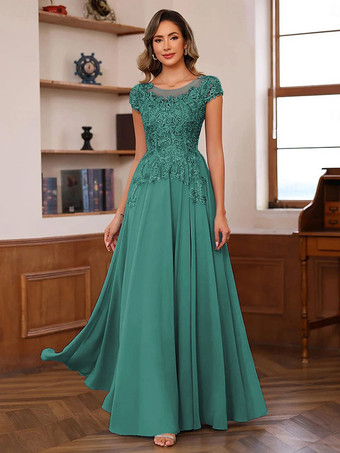 ティール花嫁の母のためのパーティードレス イリュージョンネックライン 半袖 ボールガウン レース ウェディングゲストドレス