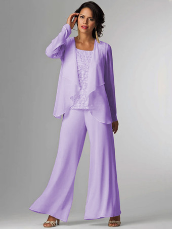 LilasTenue de mère de mariée Tenue de mariage d'invitée blanche en chiffon 3 pièces