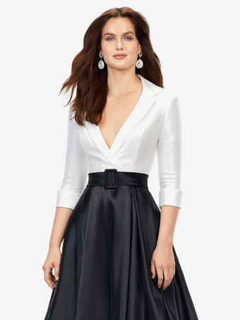 マザードレス Vネック 7分袖 Aライン サッシュ トレーン付き ウェディングゲストドレス