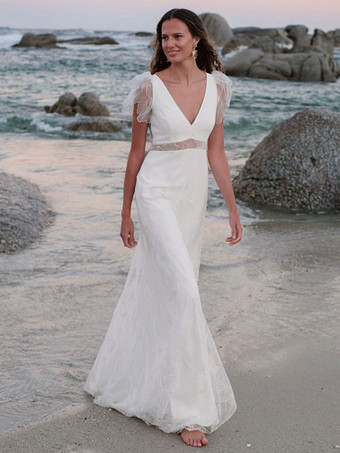 アイボリーボヘミアンウェディングドレス スパンコール ボールガウン ナチュラルウエスト ウェディングドレス 機能的なボタン 半袖 Vネック ホワイト