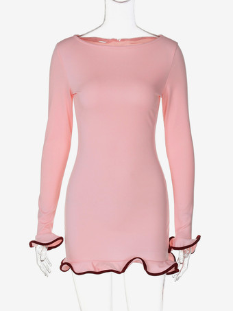 ソフトピンクのボディコンドレス エレガントなプリーツ入り長袖ミニドレス（レディース 2025）